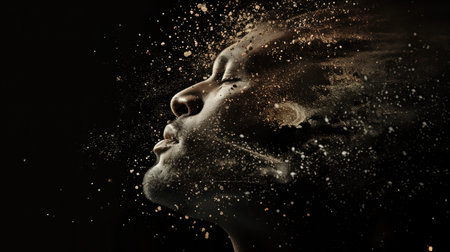 Mans face crumbles into particles, pieces, neurons and stars in space isolated on a neutral solid black background. High quality illustrationの素材