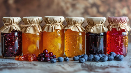 Set of jams of different flavors and colors in small glass jars covered with fabric lids and tied with string on the table. High quality photoの素材