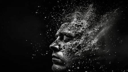 Human face crumbles into particles and neurons in space isolated on a neutral solid black background. High quality illustrationの素材