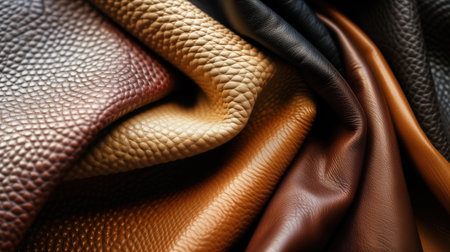 Advertising shot of texture of colored, brown tone perfect natural leather with folds and irregularities, close-up. High quality photoの素材