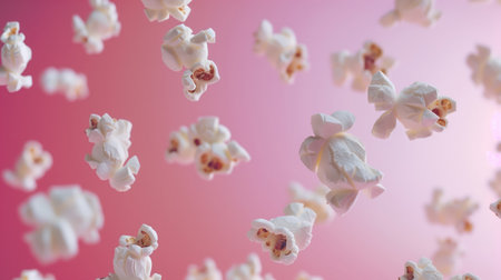Advertising shot of flying peaces of popcorn in the air, close up shot on neutral pink background. High quality illustrationの素材