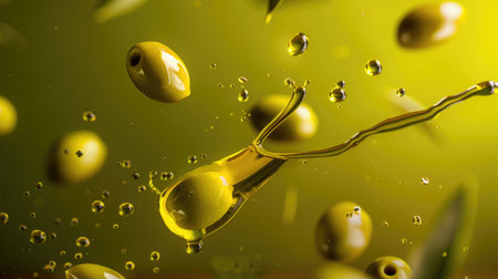 Advertising shot of olives and fresh olive oil drying and flying in the air on solid green background. High quality illustrationの素材