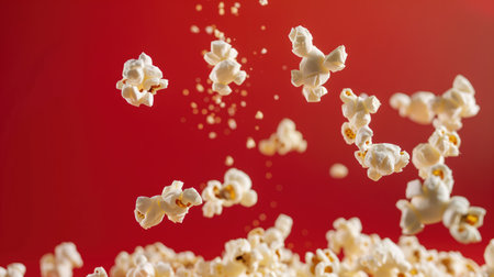 Advertising shot of falling from above peaces of popcorn to the heap, static up shot on neutral red background. High quality illustrationの素材