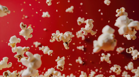 Advertising shot of many flying peaces of salted popcorn in the air, close up shot on neutral red background. High quality illustrationの素材