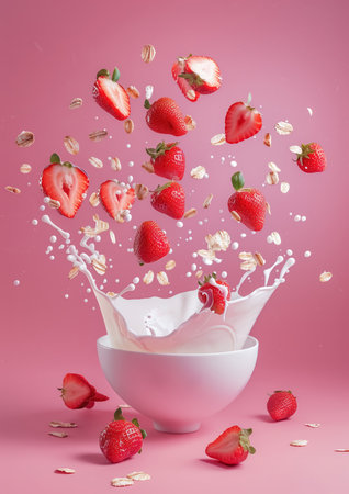 Advertising shot of white ceramic bowl with oat meal, milk splashes and flying strawberries and flakes, cereals on pink background. High quality illustrationの素材