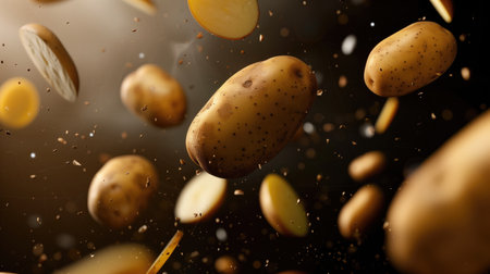Advertising shot of sliced and solid whole potato peaces in the air, smooth shot on dark brown background. High quality illustrationの素材