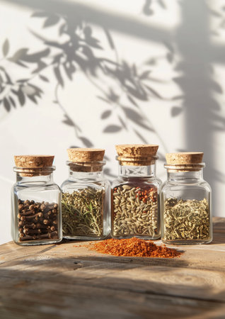Glass jars with spices on wooden table. Different flavor, taste and type of spices and bulk solids with white wall at the background. High quality photoの素材