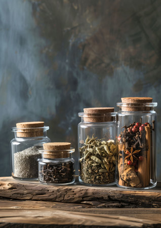 Glass jars different size with spices on wooden shelf. Different flavor, taste and type of spices and bulk solids with dark wall at the background. High quality photoの素材