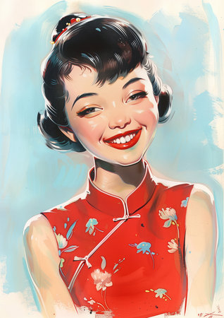 Minimalistic collage of super cute smiling teen Asian girl in red dress and dark hair in fasion style on blue background. Surreal collage-style paintings. High quality illustrationの素材