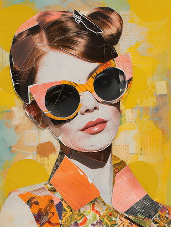 Minimalistic collage of woman in glasses, fasion style and orange, yellow color at the background. Surreal collage-style paintings. High quality illustrationの素材