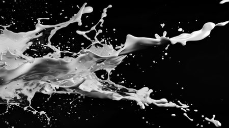 White splashes of liquid in the air from the left isolated on solid black background. High quality illustrationの素材