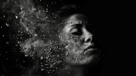 A woman's face dissolves into white particles that fly in the wind, isolated on a black background. High quality illustrationの素材