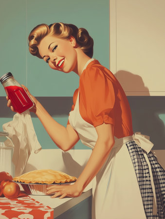 Smiling woman in retro apron holding jar of red jam beside baked pie in vintage kitchen interior. Realistic digital illustration in pin-up style. Home cooking and 1950s lifestyleの素材