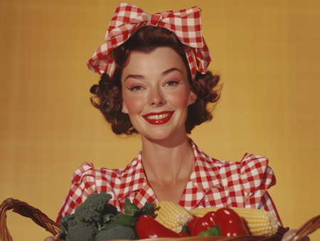 Young woman with curly hair and red apron holding wicker basket filled with fresh vegetables in front of checkered fabric. Retro vintage kitchen portrait. Healthy eating andの素材