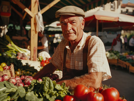 Senior man in cap and striped shirt standing behind stall with vegetables at outdoor market. Natural light street photography. Farming and organic produce concept. Design forの素材