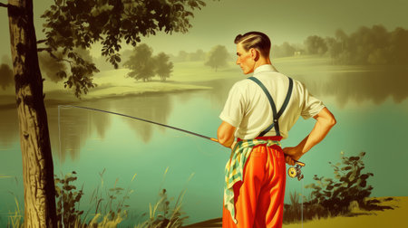Vintage man fishing at lakeside in early morning. Retro outdoor scene with calm water and countryside. Design for greeting card, poster, banner, postcard. High quality illustrationの素材