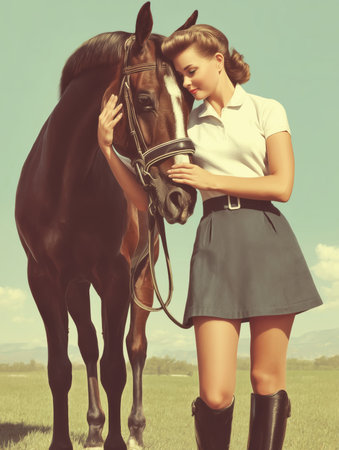 Young woman in riding clothes petting horse outdoors. Equestrian scene in green field under natural light. Vintage realistic style illustration. Design for poster, banner, postcardの素材