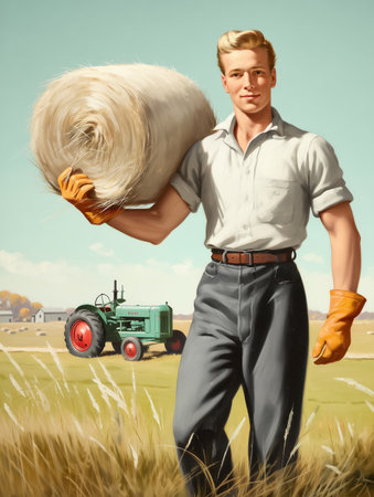 Man holding haystack with blue tractor in background on farmland. Outdoor farming photography. Harvest and agricultural machinery concept. Design for poster, banner, printの素材