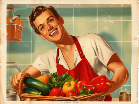 Man in white shirt and apron holding basket of fresh vegetables in tiled kitchen. Retro advertising illustration in vintage pin-up art style. Home cooking and healthy food conceptの素材