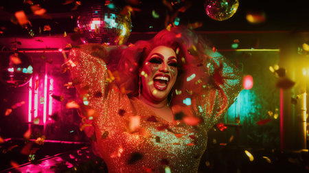 Drag queen in glitter dress laughing and celebrating under disco lights and confetti in nightclub. Studio portrait with neon lighting and festive atmosphere. Drag performance andの素材