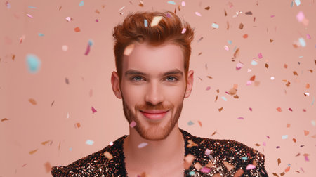 Smiling young man wearing sequin jacket posing under falling confetti on peach background. Studio portrait with festive atmosphere. Celebration, pride, and LGBT identity conceptの素材