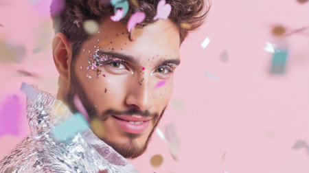 Portrait of young man with glitter makeup and sequin outfit looking at camera with confetti falling on pink background. Studio shot with soft lighting. LGBT pride, queer identityの素材