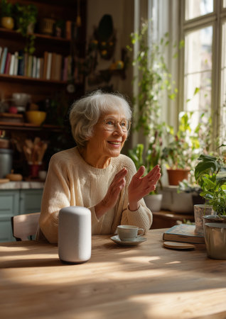 Senior woman interacting with smart speaker on kitchen table in sunlit home interior. Voice assistant device with artificial intelligence. Elderly and modern technology conceptの素材