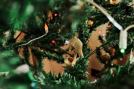 Still life shot of a Christmas tree with decorations at homeの写真素材