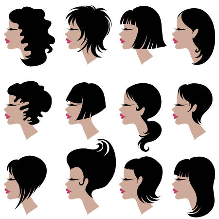 Vector set of black hair styling for woman のイラスト素材