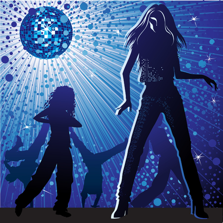 Vector background with people dancing in night-club, disco-ball and glittersのイラスト素材