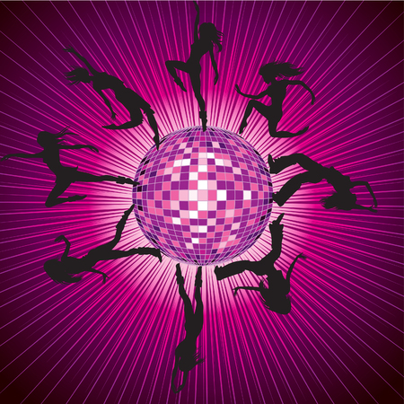 Vector background with people dancing on the disco-ball as a planetのイラスト素材
