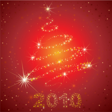 Vector red shining Christmas background with 2010 and Christmas tree from stars on the sky (from my のイラスト素材