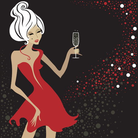 Closeup decorative vintage blond woman with glass of champagne. New Year. のイラスト素材