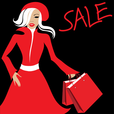 Stylish woman in red with purchases. Shopping. Saleのイラスト素材