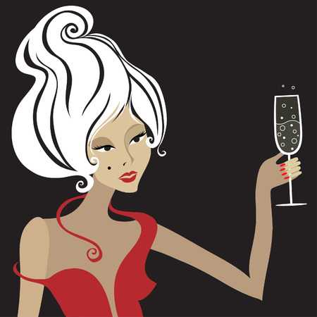 Closeup decorative vintage blond woman with glass of champagne. New Year.のイラスト素材
