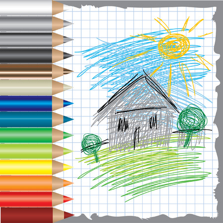 colorful background with drawing of house and color pencilsのイラスト素材
