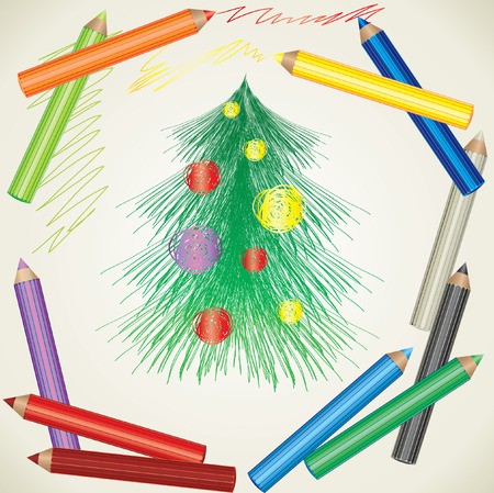 colorful background with drawing of Christmas tree and color pencils のイラスト素材