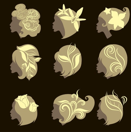 set of vintage girls hair with flowersのイラスト素材