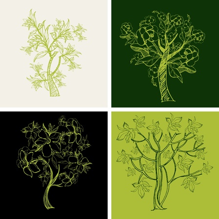 Set of designs with decorative tree from leafs and flowersのイラスト素材