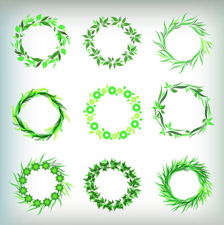 Vector set of round green vintage frames with leafsのイラスト素材