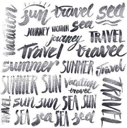 Set of signs handmade calligraphy: travel, vacation, sun, seaの写真素材