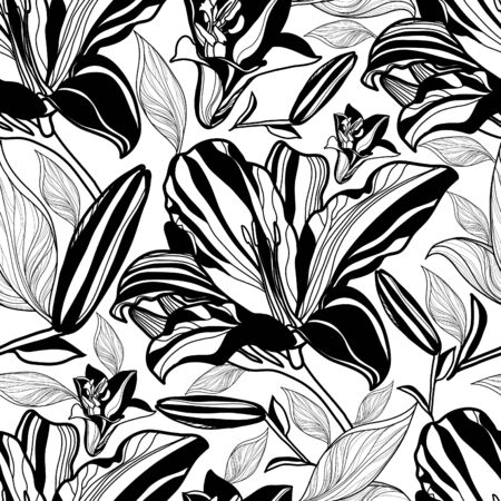 Vector seamless floral pattern, freehand drawing - flowers and leafsのイラスト素材