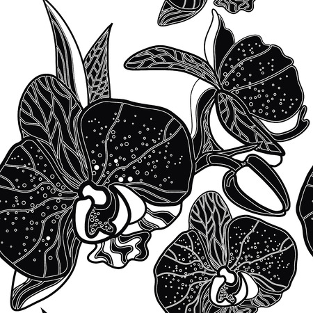 Vector seamless floral pattern, freehand drawing - orchid flowers and leafsのイラスト素材