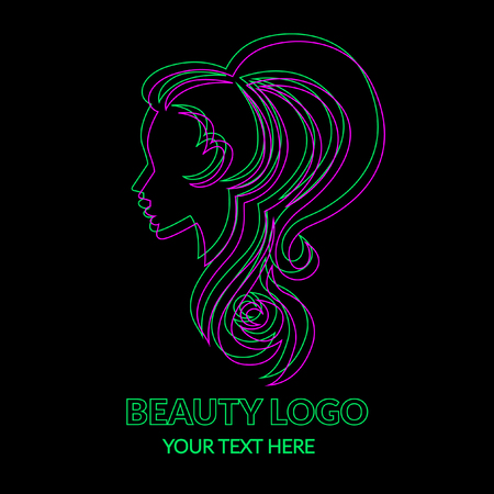 Vector illustration of logos. Neon woman with beautiful hair and flowers on black.のイラスト素材