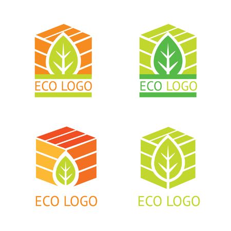 Set of vector ecology logotypes, symbols. Green packaging. Leaf and box.のイラスト素材