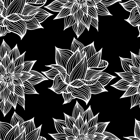 Black flowers design elements vector seamless pattern. Freehand line illustration.のイラスト素材