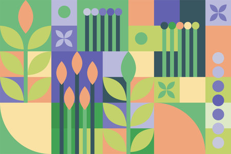 Geometric seamless vector flat pattern with plants and flowers - garden