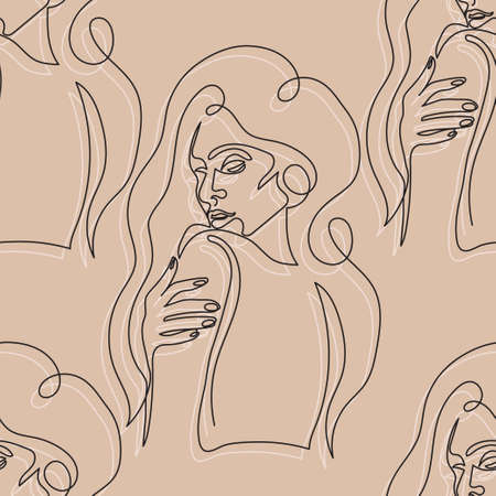 Beautiful female face one line art illustration. Minimalistic linear female seamless pattern. Abstract sensual line art. Simple body positivity elegant poster. Trendy minimal print. Beauty salon  . Vector elegant one-line background of a female beautifulのイラスト素材