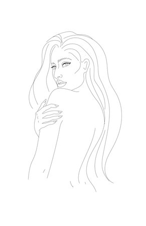 Modern line art vector illustration of beautiful woman with long hair. Fashion and beautyのイラスト素材