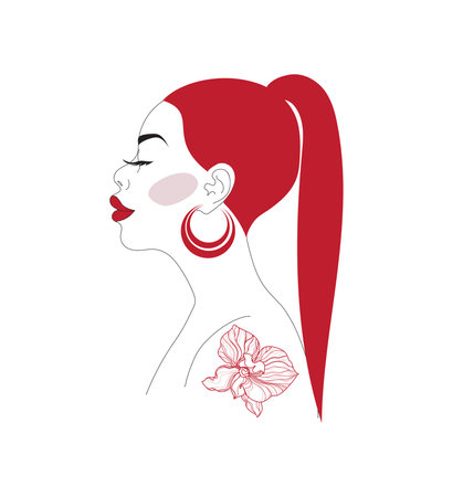 Modern line art vector illustration of beautiful woman with long hair and orchid tattoo. Fashion and beautyのイラスト素材
